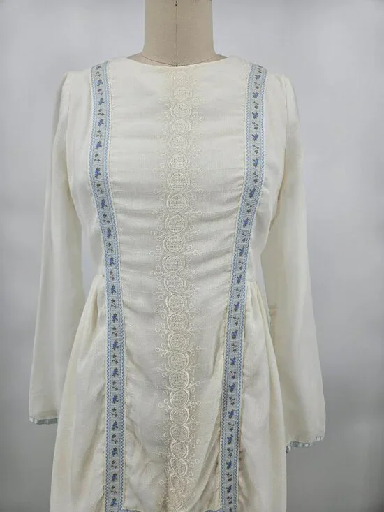 VTG Young Edwardian Arpeja Off White Gauze Maxi Dress Womens 11 Peasant - Picture 2 of 8